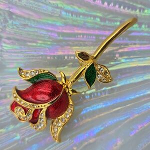 Red Long Stemmed Rose Brooch